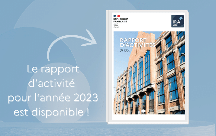 Image de la première de couverture du rapport d'activité avec la mention "le rapport d'activité pour l'année 2023 est disponible.